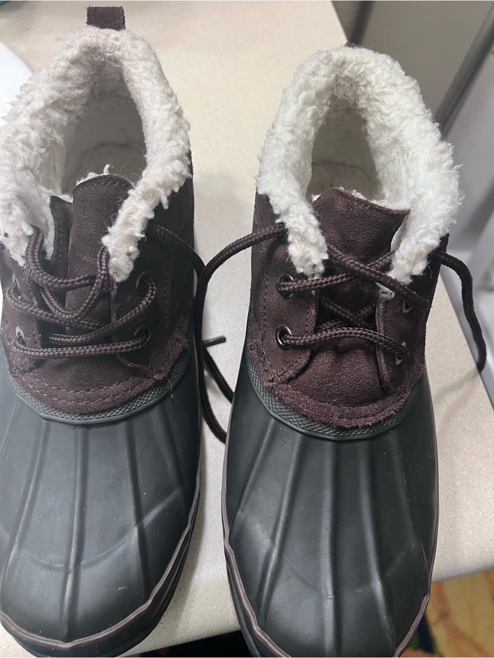 Bass Brown and Black Winter Duck Boots with Cream Lining